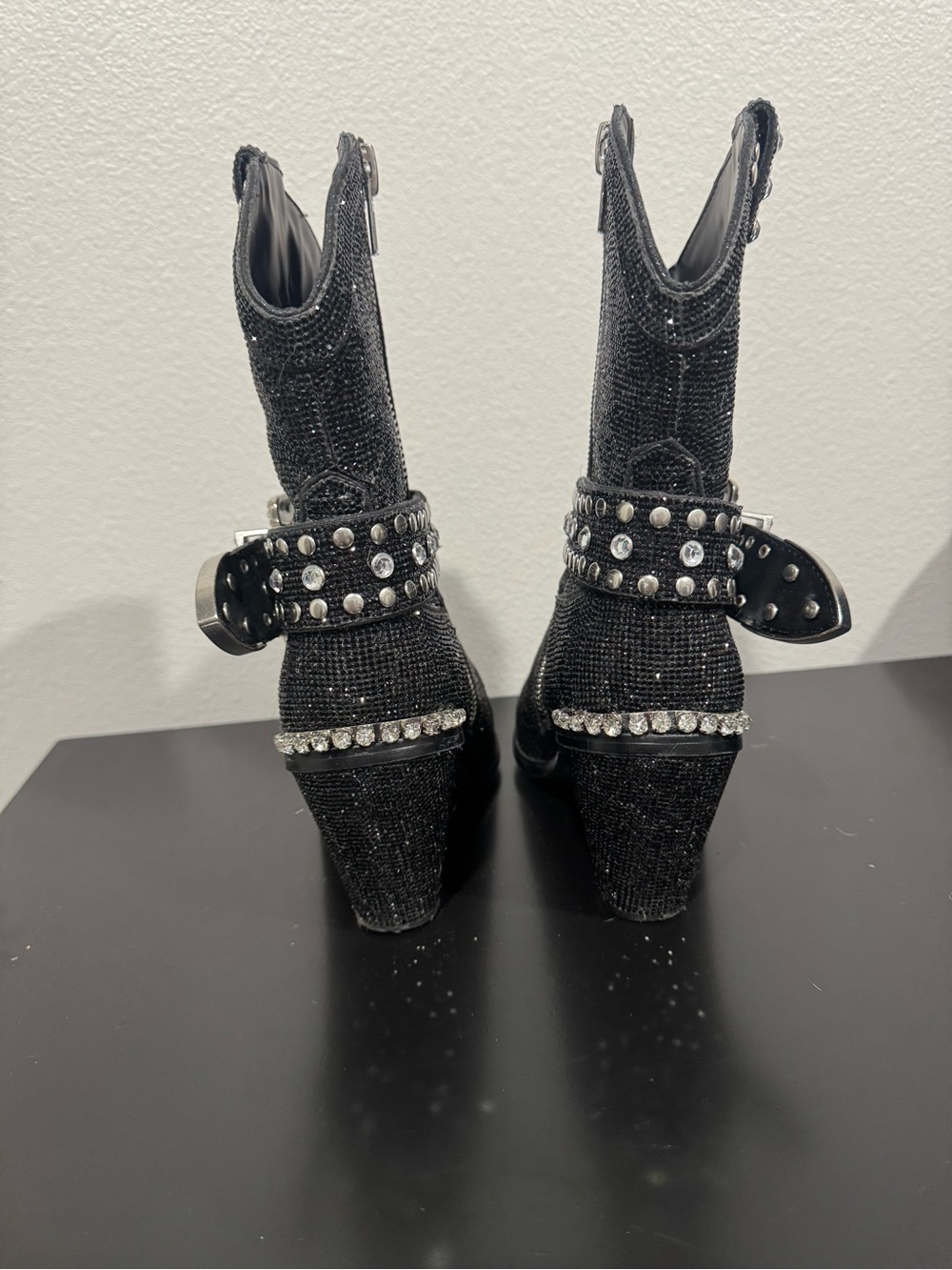 Dolls Kill Black Glitter Western Ankle Boots with Studded Buckle - Picture 7 of 10